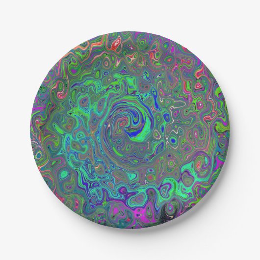 Trippy Chartreuse und Blue Retro Liquid Swirl Pappteller (Vorderseite)