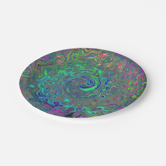 Trippy Chartreuse und Blue Retro Liquid Swirl Pappteller (Schrägansicht)