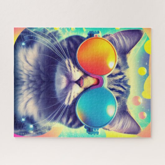 Trippy Cool Psychedelic Acid Trip Cat Puzzle (Horizontal)