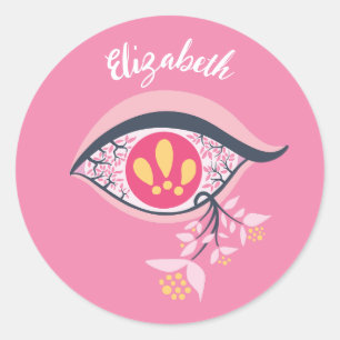 Trippy Eye Pink Floral Psychedelic Name Runder Aufkleber