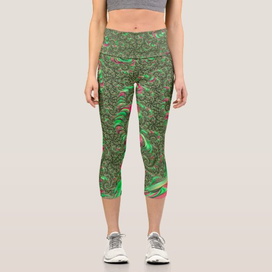 Trippy Funky Psychedelic Groovy Spiral Fraktal Art Capri Leggings (Vorderseite)