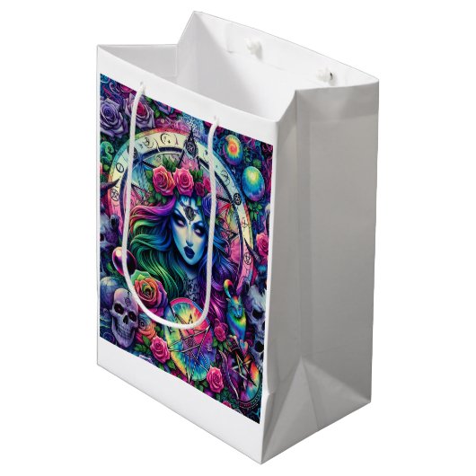 Trippy-gefärbte Krawatte Halloween-Göttin-Geschenk Mittlere Geschenktüte (Vorderseite Schrägansicht)