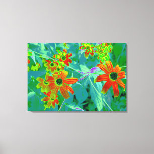 Trippy-Gelb- und Rot-Wildblumen auf Retro-Blau Leinwanddruck