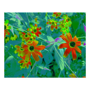 Trippy-Gelb- und Rot-Wildblumen auf Retro-Blau Poster