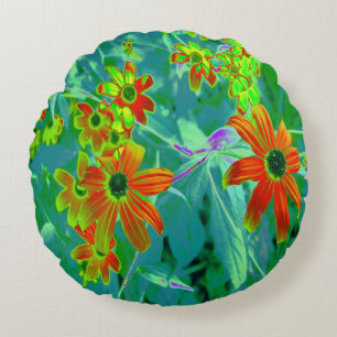 Trippy-Gelb- und Rot-Wildblumen auf Retro-Blau Rundes Kissen