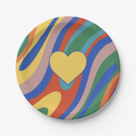 Trippy Heart Colorful Retro Pop Abstraktes Muster Pappteller