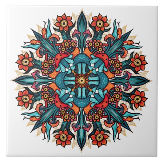 Trippy hippie psychedelic groovy mushroom mandala fliese (Vorderseite)