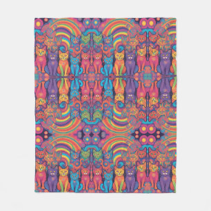 Trippy Hippy Cats Vivid Color Psychedelic Fleecedecke