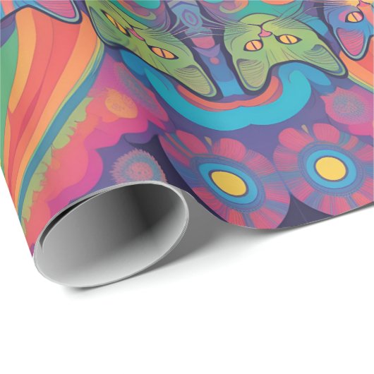 Trippy Hippy Cats Vivid Color Psychedelic Geschenkpapier (Rolleneckpunkt)