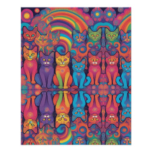 Trippy Hippy Cats Vivid Color Psychedelic Poster