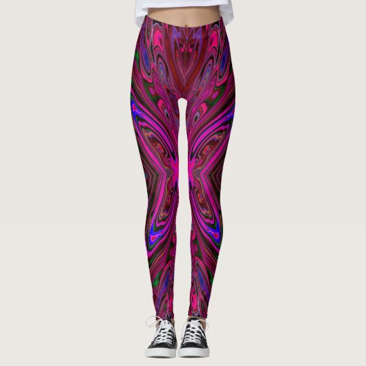 Trippy Hot Pink, Red and Blue Abstrakt Butterfly Leggings (Vorderseite)