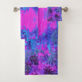 Trippy Hot Pink und Blue Impressionistic Landschaf Badhandtuch Set