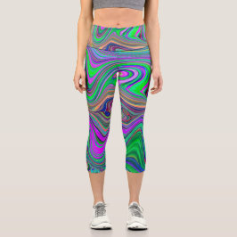 Trippy Lime Green und Lila Farbwellen Capri Leggings