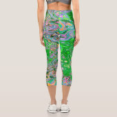Trippy Lime Green und Pink Abstrakt Retro Swirl Capri Leggings (Rückseite)
