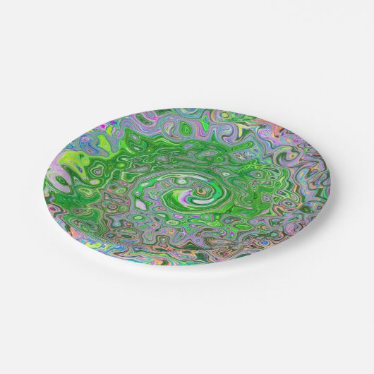 Trippy Lime Green und Pink Abstrakt Retro Swirl Pappteller (Schrägansicht)