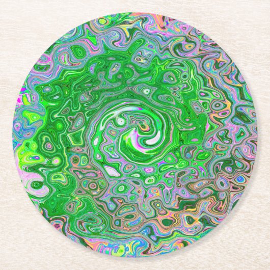Trippy Lime Green und Pink Abstrakt Retro Swirl Runder Pappuntersetzer (Vorderseite)