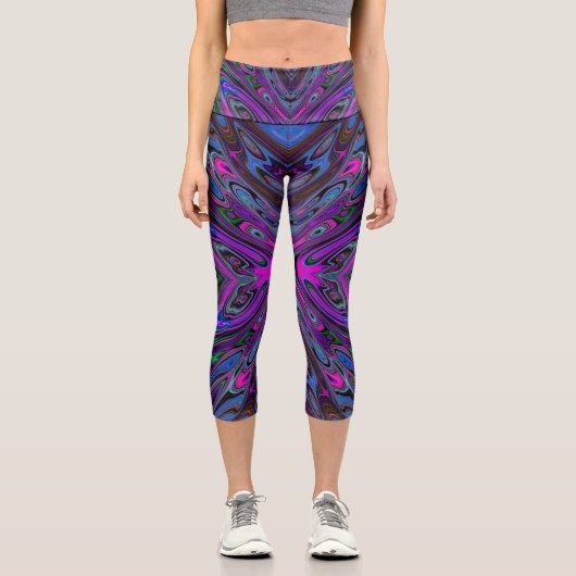 Trippy Magenta, Blue und Green Abstrakt Butterfly Capri Leggings (Vorderseite)