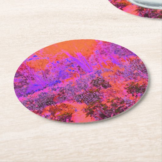 Trippy Magenta und Orange Impressionistischer Gart Runder Pappuntersetzer (Angewinkelt)