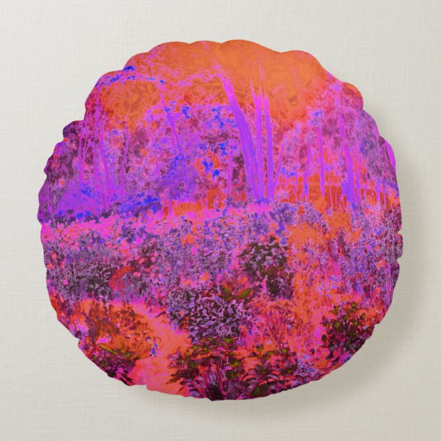 Trippy Magenta und Orange Impressionistischer Gart Rundes Kissen (Vorderseite)