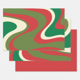 Trippy Retro 60er 70er Swirbeln Abstrakt Xmas Red Geschenkpapier Set