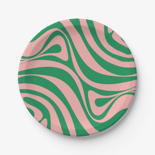 Trippy Retro Abstrakt Swirl Rosa und Grün Muster Pappteller (Vorderseite)