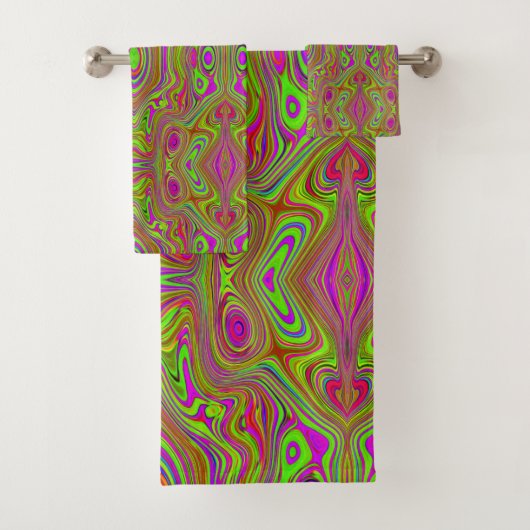 Trippy Retro Chartreuse Magenta Abstraktes Muster Badhandtuch Set (Insitu)