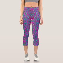Trippy Retro Magenta, Blau und Grün Abstrakt Capri Leggings
