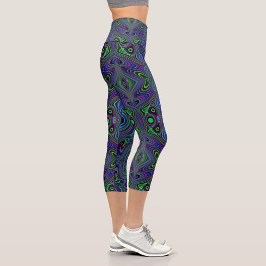 Trippy Retro Royal Blue und Lime Green Abstrakt Capri Leggings (Rechts)