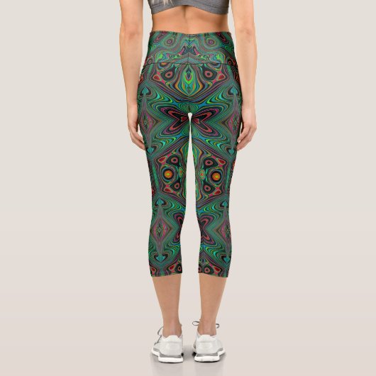 Trippy Retro Schwarz und Lime Green Abstraktes Mus Capri Leggings (Rückseite)