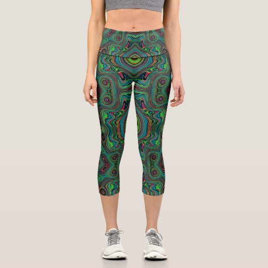 Trippy Retro Schwarz und Lime Green Abstraktes Mus Capri Leggings (Vorderseite)