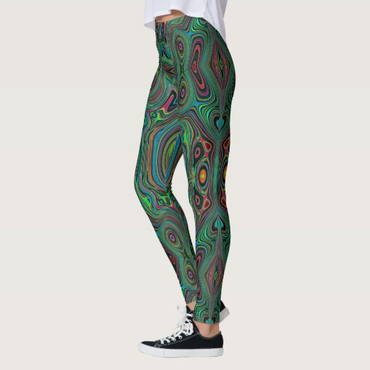 Trippy Retro Schwarz und Lime Green Abstraktes Mus Leggings (Links)