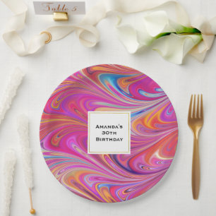 Trippy rosa und orange wirbelndes Design Geburtsta Pappteller