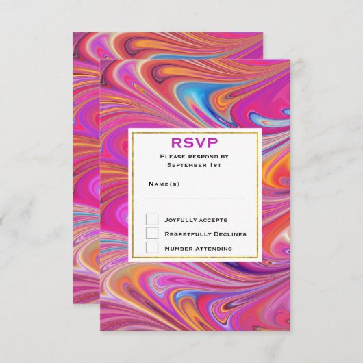 Trippy-Rosa- und Orange-Wirble Design-Hochzeit RSVP Karte (Vorne/Hinten)