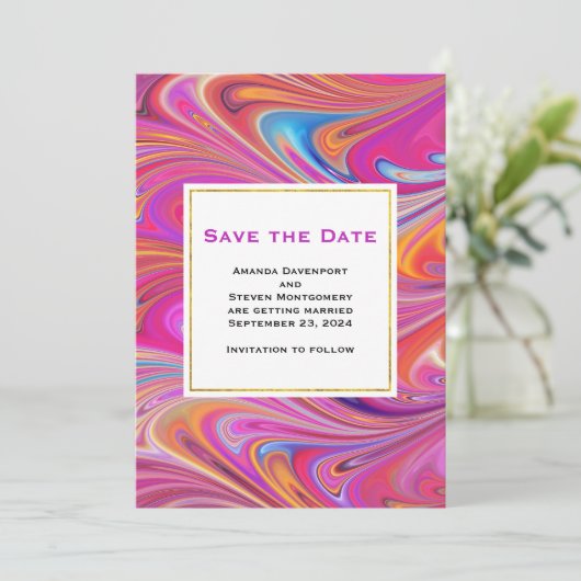 Trippy-Rosa- und Orange-Wirble Design-Hochzeit Save The Date (Stehend Vorderseite)
