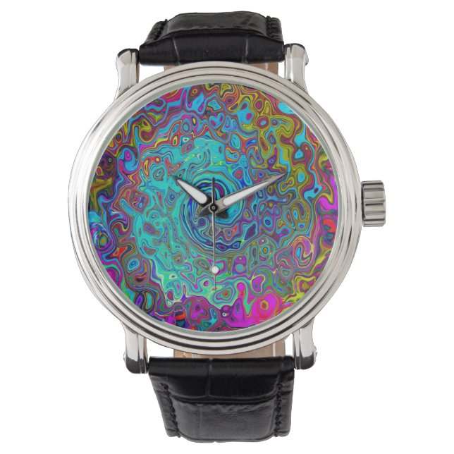 Trippy Sky Blue Abstrakt Retro Liquid Swirl Armbanduhr (Vorderseite)