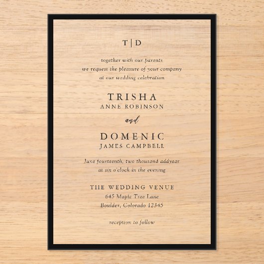 Trisha Black and White Modern Wedding Acryleinladungen (Vorderseite)
