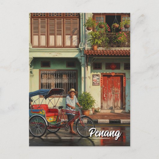 Trishaw Penang Malaysia Heritage Townhouse Travel Postkarte (Vorderseite)