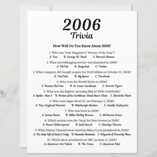 Trivia Game 2006 | Geburtstagsparty-Spiel (Vorderseite)