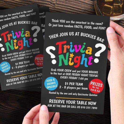 Trivia Night game night colorful quiz promotional Flyer