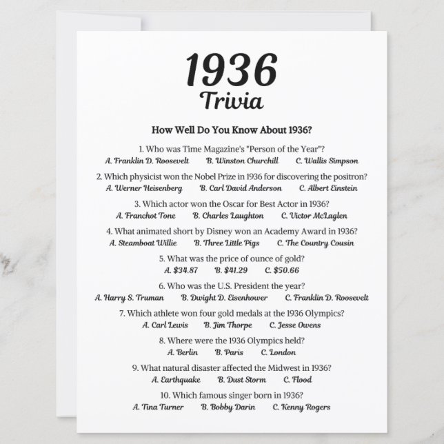 Trivia-Spiel 1936 | Geburtstagsparty-Spiel (Vorderseite)