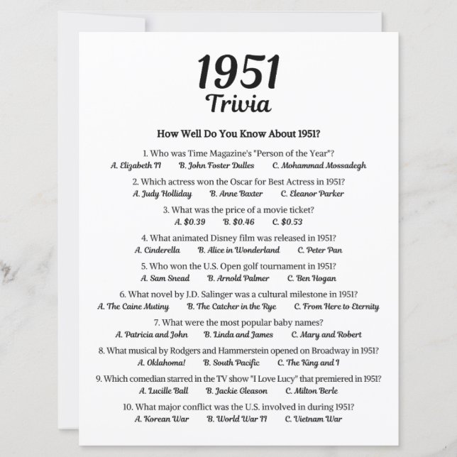 Trivia-Spiel 1951 | Geburtstagsparty-Spiel (Vorderseite)
