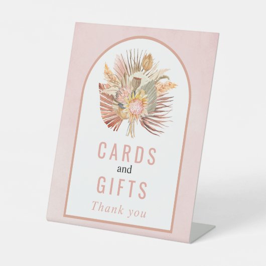 Trockene Palme, Pampasgras, weiche rosa Hochzeit Sockelschild (Vorderseite)