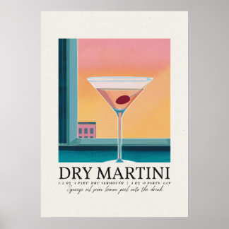 Trockener Martini Rosa Sonnenuntergang Retro Art Poster