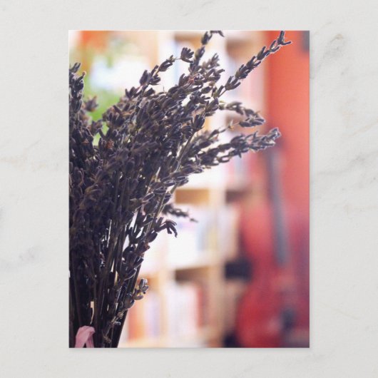 Trockenlavender, Cello & Bookcases im Hintergrund Postkarte (Vorderseite)