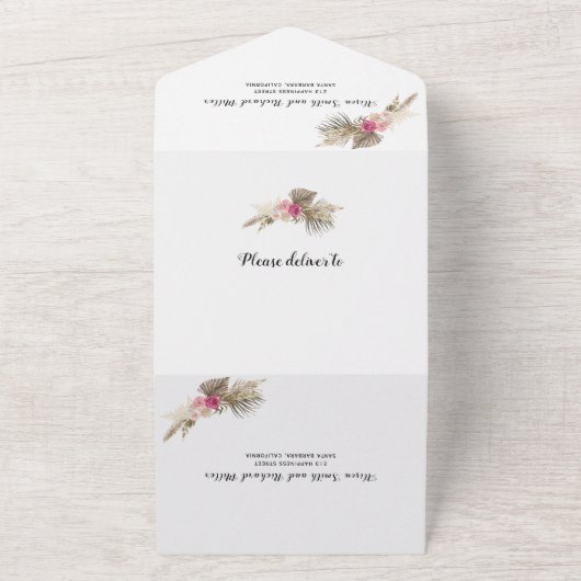 Trockenpampas Gras, Palmen Blätter, Rose Hochzeit All In One Einladung (Außenbereich)