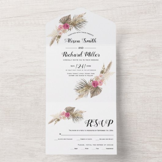 Trockenpampas Gras, Palmen Blätter, Rose Hochzeit All In One Einladung (Innen Boden)