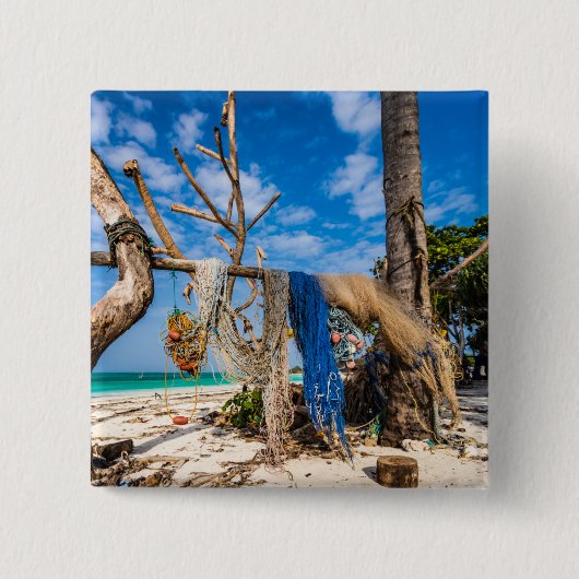 Trocknen der Netze am Strand Button (Vorderseite)