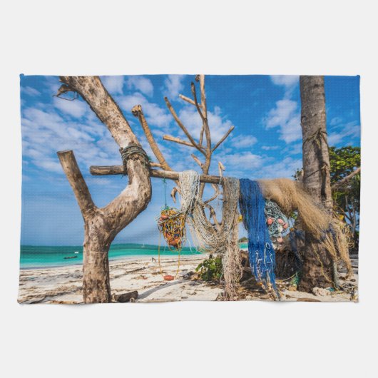 Trocknen der Netze am Strand Geschirrtuch (Horizontal)