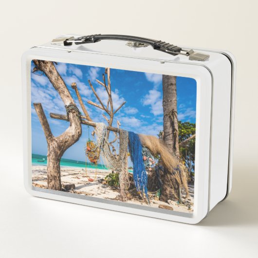 Trocknen der Netze am Strand Metall Brotdose (Rückseite)