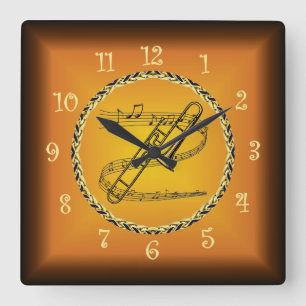 Trombone auf musikalische Rollen & Russet Orange ~ Quadratische Wanduhr